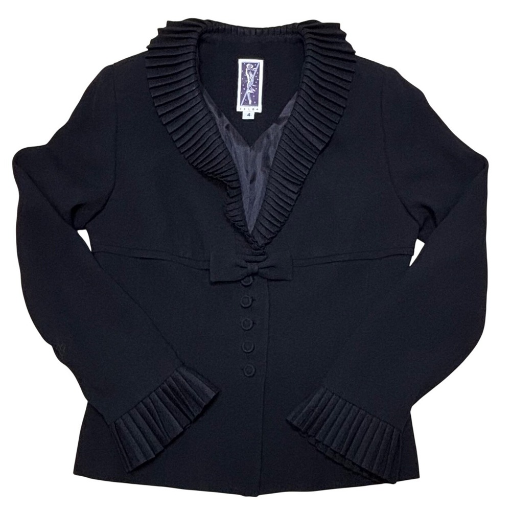 VTG Zelda Black Pleated Ruffle Collar Jacket Blazer Bow Empire Waist Size 4 USA